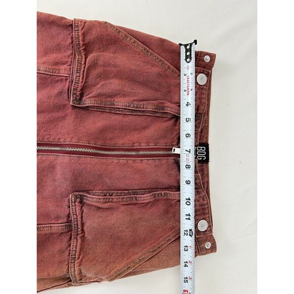 BDG Grunge Gorpcore Denim Mini Skirt Tate Utility Cargo Front Zip Red Jean SMALL - Picture 6 of 6